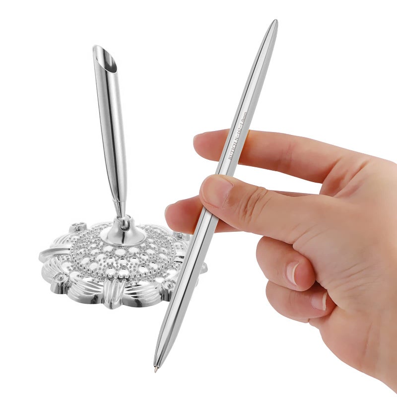 RUTICH Hollow Round Pen Holder Signing Pen Set for Wedding Bridal Engagement Valentine's Day Favors,Silver 2 Pcsâ€¦ - Image 3
